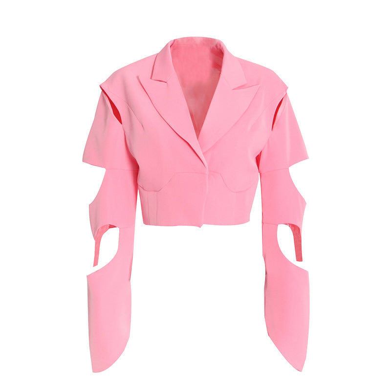 Niche Design Blazer for Women Spring Irregular Asymmetric Split Hollow Out Cutout Long Sleeve Short Blazer Trendy