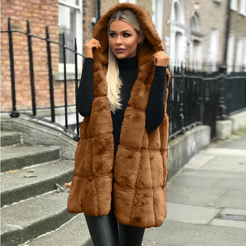 Faux Fur Hooded Vest Popular Autumn Winter Hooded Faux Fur Vest Women Imitation