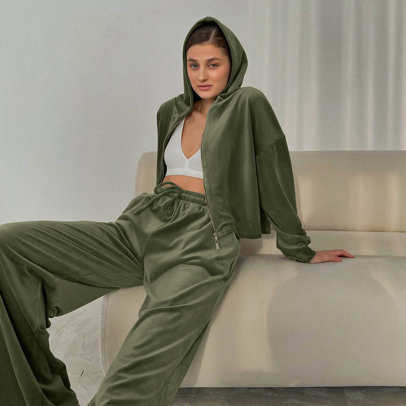 Autumn Winter Warm Velvet Women Sports Casual Hooded Sweater Wide Leg Pants Two Piece Set Loose