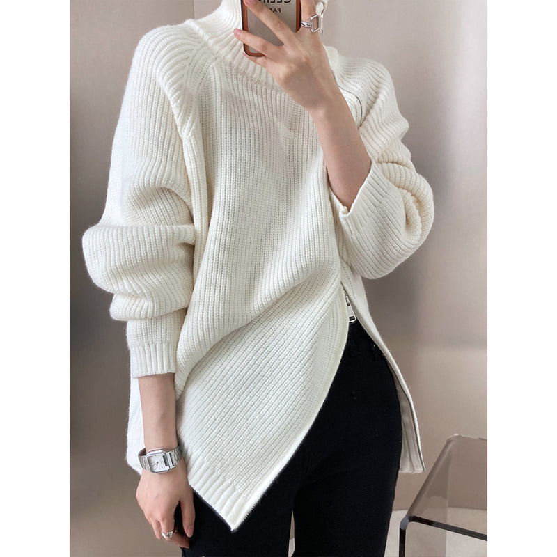 Design Double Head Oblique Zipper Rollkragenpullover Frauen Kleidung Herbst Winter Faul Casual Pullover