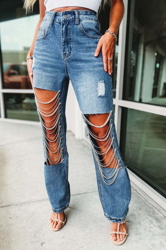 Early Spring Big Ripped Jeans Women Chain Ornaments Straight Leg Pants - Angelique