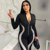 Women Clothing Winter Stitching Zipper Slim Fit Long Sleeve Sports Yoga Jumpsuit