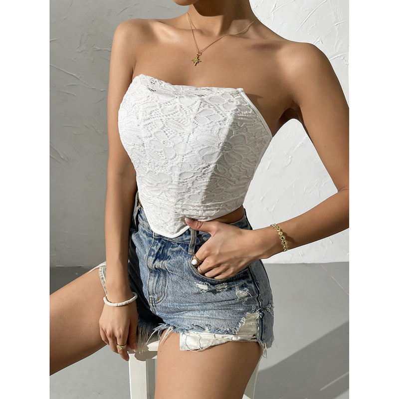 Lace Tube Top Solid Color off-Shoulder cropped Boning Corset Boning Corset Vest