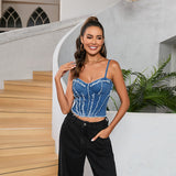 Sexy Tragen Frauen Kleidung Denim Bandeau Leibchen Patchwork Taille-Schlankheits Süße Kühle Hosenträger Kleine Top Frauen