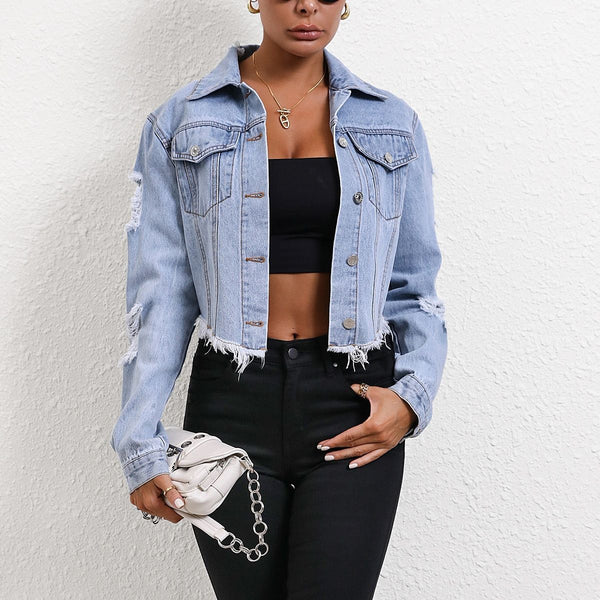 Women Clothing Casual Loose Hole Long Sleeve Short Denim Coat