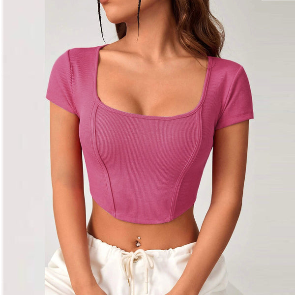 Women Clothing Irregular Asymmetric Square Collar Knitted Short Sleeved T shirt Short Slim Top