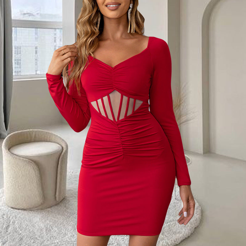 Elegant V neck Dress Autumn Winter Elastic Slim Fit Long Sleeve Red Vintage Dress Women