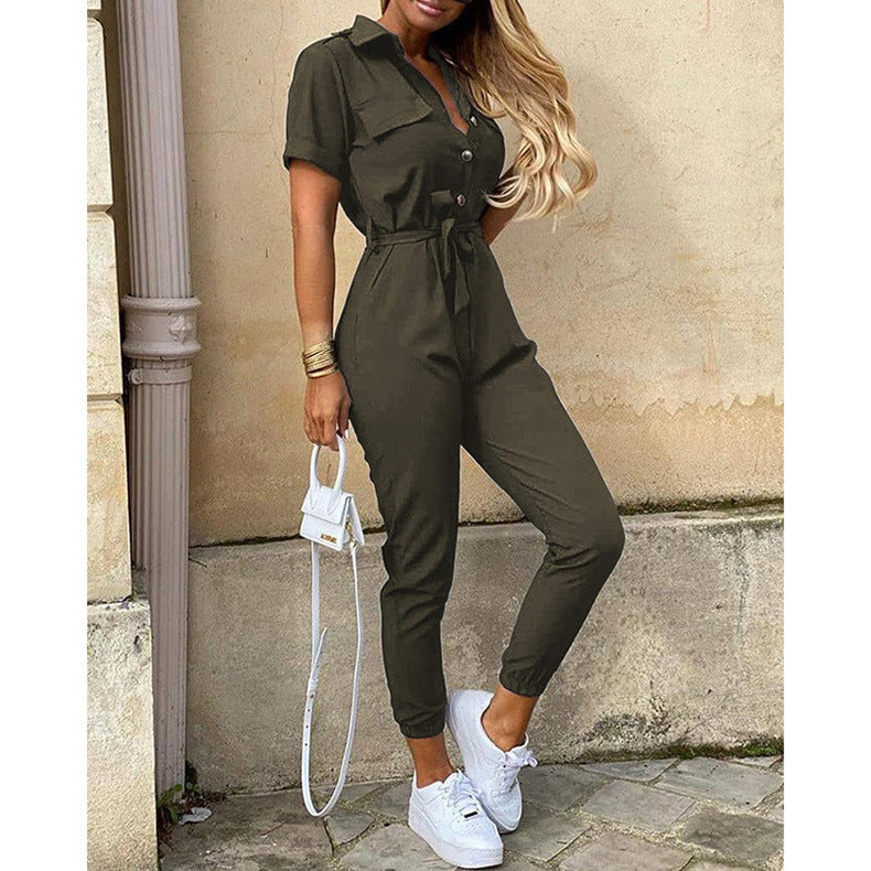 Women Clothing Trousers Casual Collared Button Printed Belt Cargo Overalls Plus size - Angelique