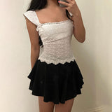 Pure Sweet Off Neck Lace Bow Stitching Slim Fit Girlish Solid Color Jacquard Short Vest - Angelique