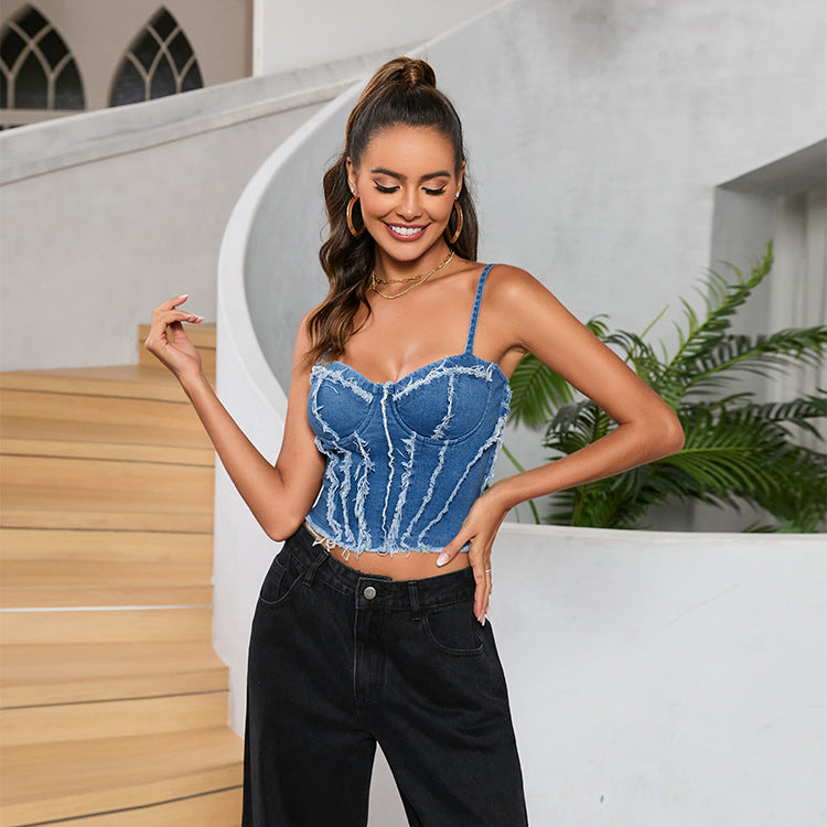 Sexy Tragen Frauen Kleidung Denim Bandeau Leibchen Patchwork Taille-Schlankheits Süße Kühle Hosenträger Kleine Top Frauen