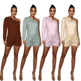 Urban Casual Solid Color Pullover Off-the-Shoulder-Shorts Damen Fleece gefüttert Slim Fit Langarm-Pullover-Set