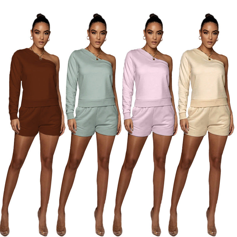 Urban Casual Solid Color Pullover Off-the-Shoulder-Shorts Damen Fleece gefüttert Slim Fit Langarm-Pullover-Set