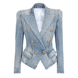 Stars Slim Double Breasted Lion Button Denim Blazer - Angelique