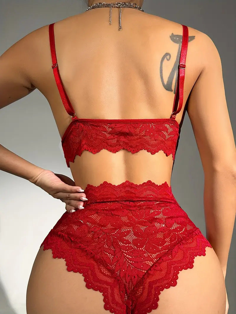 See through Sexy Underwear Mesh Lace Knot Lace Seduction Pajamas Suit