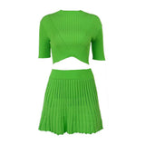 Summer Elegant Sexy Slim Fit Sunken Stripe Knitted Skirt Short Sleeve Solid Color Set for Women