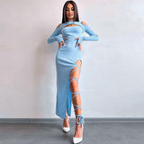 Sexy Leggings Split Kleid Herbst Frauen Kleidung Einfarbig Langarm Aushöhlen Ausschnitt Kleid