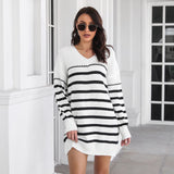 Outer Model Striped V neck Drop Shoulder Long Sleeve Woolen Women Loose Knitted Dress Spring Autumn