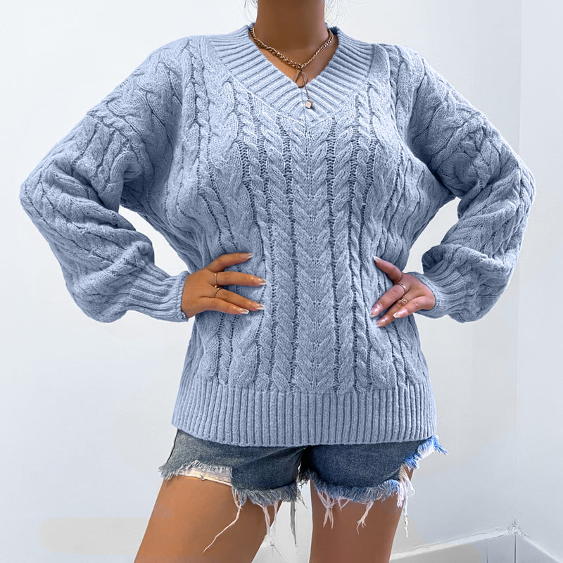 Damenbekleidung Herbst Winter Pullover mit V-Ausschnitt und Laternenärmeln