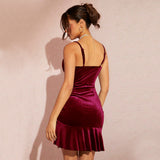 Women Clothing Autumn Winter Sexy Design Irregular Asymmetric Ruffled Sheath Velvet Spaghetti Straps Dress