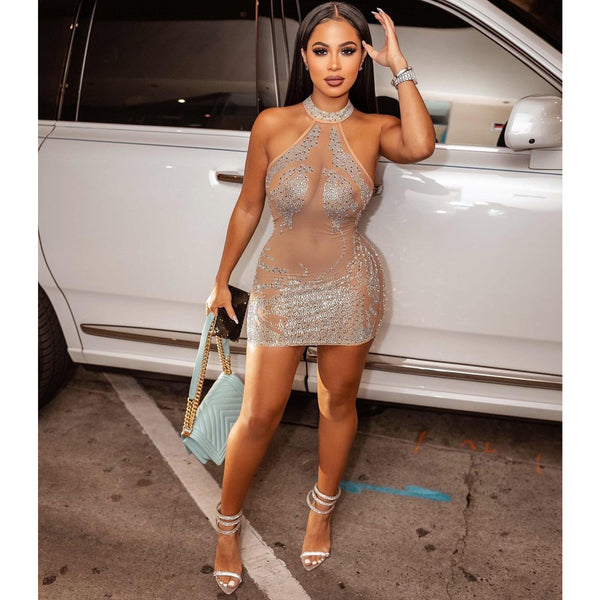 Summer Women Clothing Sexy Tight Mesh Drilling See Through Nightclub Ladies Dress