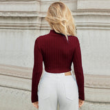 Women Clothing Autumn Winter Turtleneck Hollowed Sexy Tight Slim Knit Long Sleeve Short Top