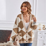 Winter V-ausschnitt Geometrische Abstrakte Nähte Kontrast Farbe Strickjacke Casual Lose Jacke Frauen