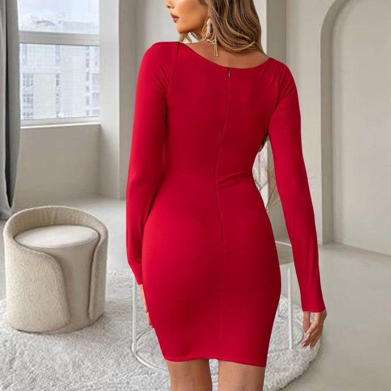 Elegantes Kleid mit V-Ausschnitt Herbst Winter Elastisch Slim Fit Langarm Rot Vintage Kleid Damen