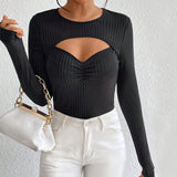 Women Clothing Autumn Winter Sexy Hollow Out Cutout Slim Fit Long Sleeved T shirt Knitwear Threaded Top