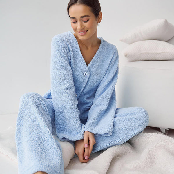 Bequemer, warmer, langärmliger Pyjama aus blauer Wolle, zweiteiliges Set, exklusiv für Damen-Homewear