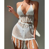 Knitted Lace Up Tassel Bikini Skirt Outfit Sexy Bikini Beach Cover Up