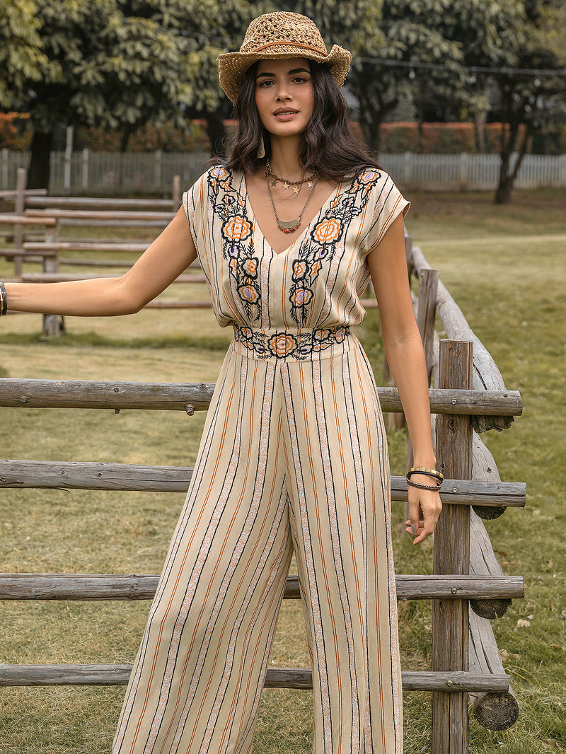 Vertical Stripes Printed V Neck Waist Slimming High Elegant Retro Casual Women Jumpsuit - Angelique