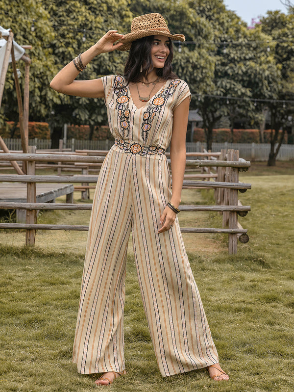 Vertical Stripes Printed V Neck Waist Slimming High Elegant Retro Casual Women Jumpsuit - Angelique