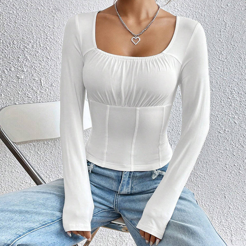 Frauen Kleidung Herbst Winter Slim Fit Quadrat Kragen Lange Ärmeln T-shirt Einfarbig Casual Taille Top