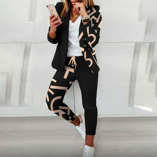 Floral Print Long-Sleeved Collared Suit Casual Suit Women