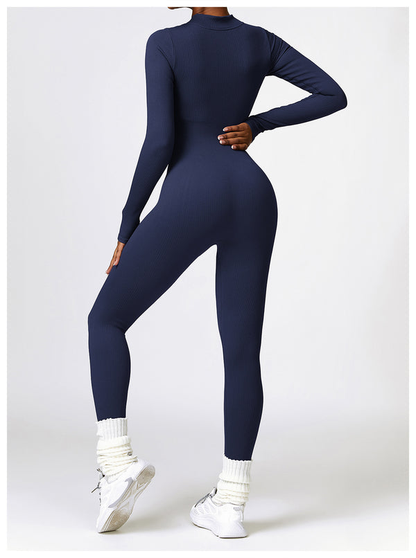 Winter Tight Long Sleeve Yoga Jumpsuit Zipper Belly Contracting High Strength Sports Workout Clothes Women