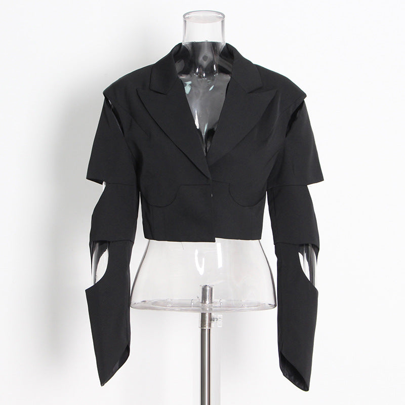 Niche Design Blazer for Women Spring Irregular Asymmetric Split Hollow Out Cutout Long Sleeve Short Blazer Trendy