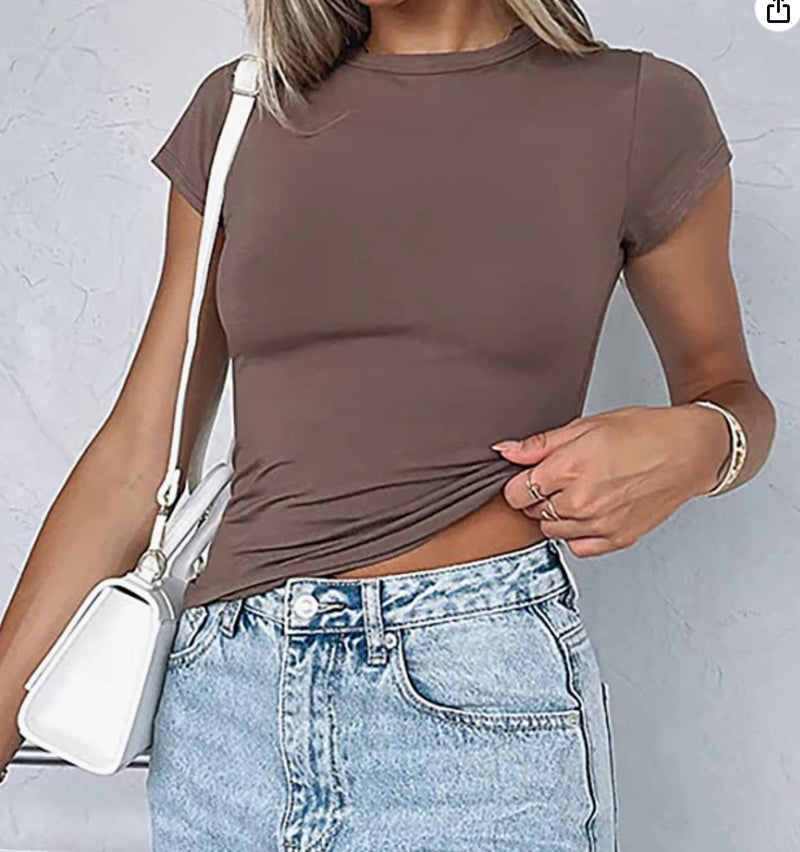 Spring Summer Basic round Neck Short Sleeve T shirt Women Tight Sexy Simple Solid Color Top Women