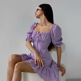 Summer French Purple Pattern Square Collar Puff Sleeve Dress Women High Waist A line Tiered Dress