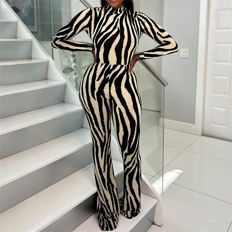 Autumn Winter Women Clothing Sexy Backless Vintage Stripe Slim Fit Micro Pull Jumpsuit