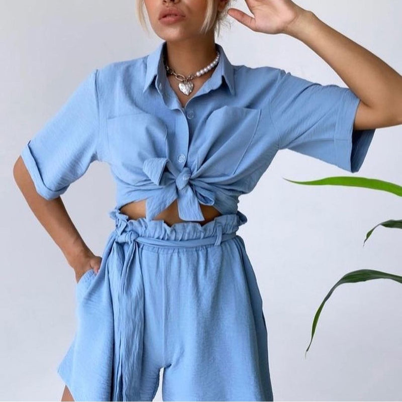 Women Clothing Solid Color Single-Breasted Short Sleeve Shirt Strap Casual Beach Two-Piece Set