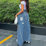 Women Streetwear Raw Hem Ripped Stitching Metal Buckle High Waist Slit Denim Skirt Long Skirt Autumn