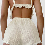 Summer Sexy Hollow Out Cutout out Pajamas Two Piece Set Lace Lace Spaghetti-Strap Vest Shorts Ladie  Homewear - Angelique