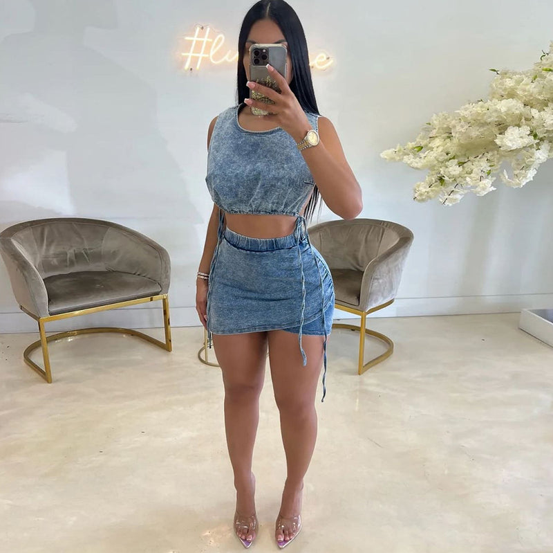 Summer Autumn Vest Short Skirt Stretch Two Piece Sexy Denim Women Wear