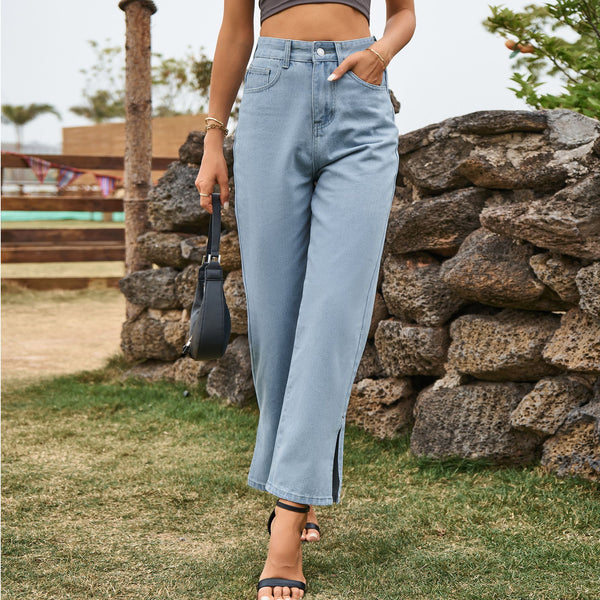 Washed Split Online Influencer Raffinierte Jeanshose mit mittlerer Taille, Freizeithose für Damen