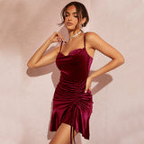 Women Clothing Autumn Winter Sexy Design Irregular Asymmetric Ruffled Sheath Velvet Spaghetti Straps Dress