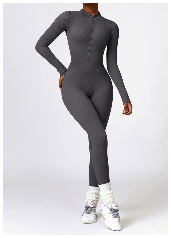 Winter Tight Long Sleeve Yoga Jumpsuit Zipper Belly Contracting High Strength Sports Workout Clothes Women