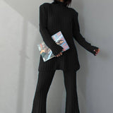 High Neck Ribbing Knitting Set Women Autumn Winter Pullover Sweater Pants Woolen Two Piece Set