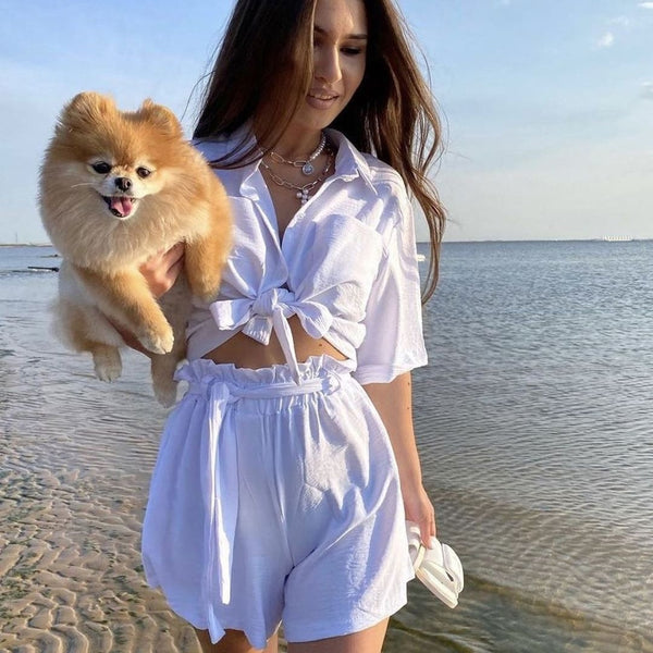 Women Clothing Solid Color Single-Breasted Short Sleeve Shirt Strap Casual Beach Two-Piece Set