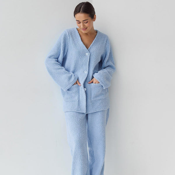 Bequemer, warmer, langärmliger Pyjama aus blauer Wolle, zweiteiliges Set, exklusiv für Damen-Homewear