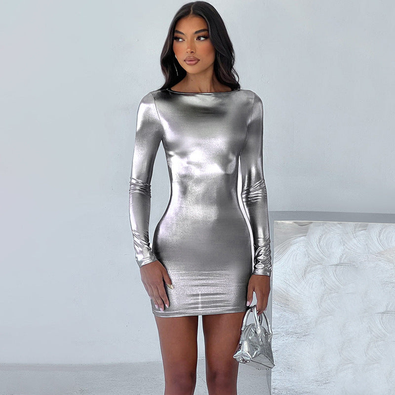 Women Clothing Winter Sexy Slim Fit Round Neck Long Sleeves Metallic Coated Fabric Dress